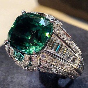 NEW Cushion Emerald Baguette Diamond Silver Ring